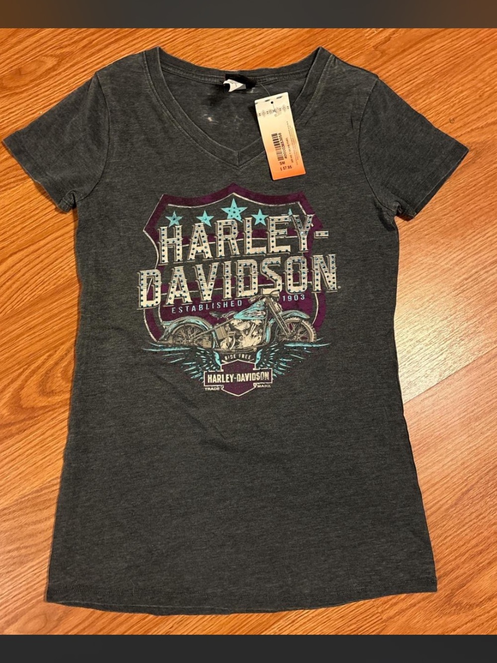 Harley-Davidson Gray V-Neck Tee with Orange Logo Accent